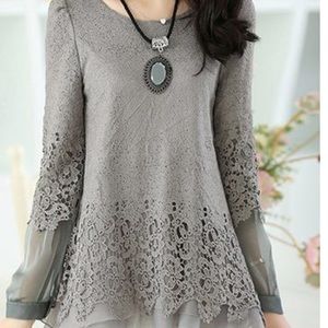 🔥🔥Lace Panel Long Sleeve Layered Grey Blouse